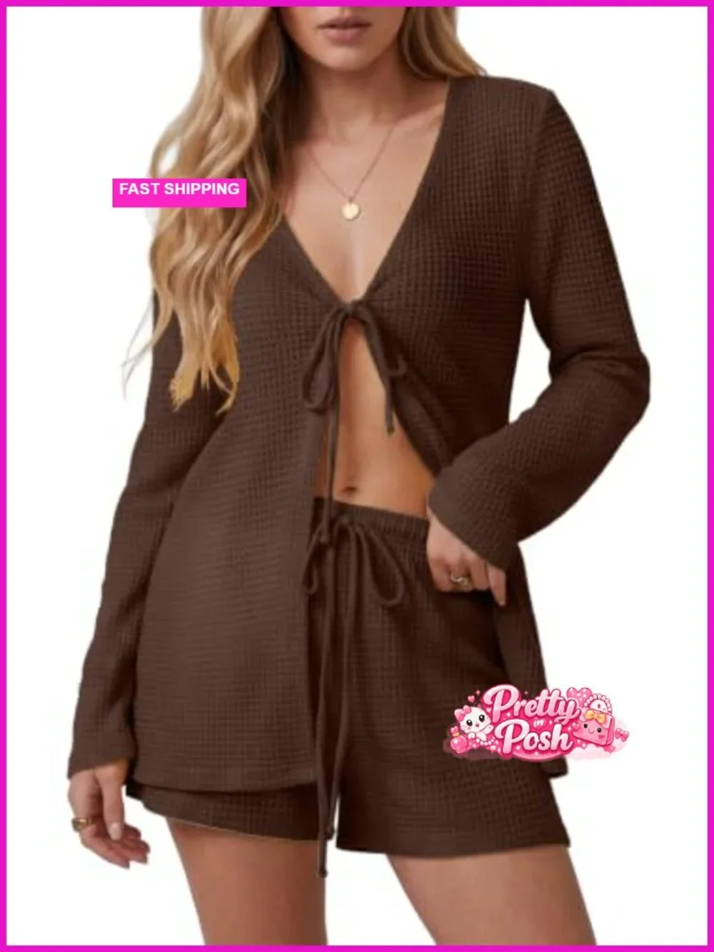 2 Piece Waffle Knit Lounge Set with Pockets and Drawstrings